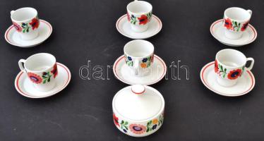 Hollóházi mokkás csésze és alj (6db), bonbonier, matricás, jelzett, hibátlan, összesen: 7db