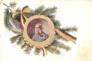 Franz Joseph, oak and pine branches, flags Austrian Empire and Hungary (pinhole)