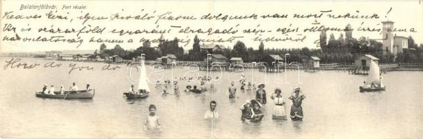 Balatonföldvár, part, fürdőzők, panorámalap, kiadja Gerendai Gyula