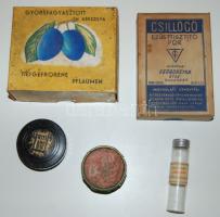 1950-es évek 2db papírdoboz "Csillogó ezüsttisztító por" + "Gyorsfagyasztott kékszilva" + 2db cipőkrémes tégely (1 üveg, 1 műanyag) + 1db tintás fiola + régi mechanikus játékegér + különféle fém dobozok 1950-es évekből