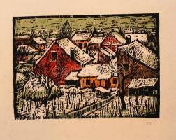 Réti Mátyás (1922-2002): Házak. Színezett linó, papír, jelzés nélkül, 16×23 cm