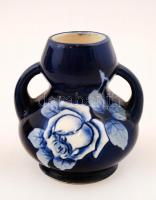 Rózsával díszített kék kerámia vázácska, jelzés nélkül, hibátlan, m: 7,5 cm