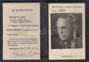 1955 Vas Zoltán (1903-1983) külkereskedelmi miniszterhelyettes fényképes hivatali igazolványa