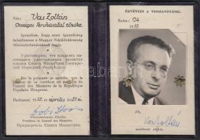 1952 Vas Zoltán (1903-1983)az Országos Tervhivatal elnökének fényképes minisztertanácsi igazolványa