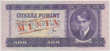 1969. 500Ft "E 000 - 001204" sorozat és sorszámmal, piros "MINTA" felülnyomással és perforációval, papírránccal, nyomdai festékfoltokkal T:I,I- kézi vágás nyoma