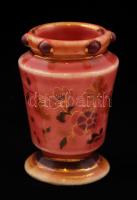 Antik virágmintás mini váza, kézzel festett, jelzés nélkül, kopott aranyozással, m: 6,5 cm