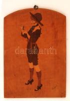 Olvashatatlan jelzéssel: Kalapos hölgy, intarziás falikép gyöngyházzal, fa, 29x20cm