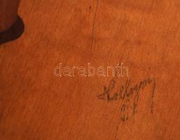 Olvashatatlan jelzéssel: Kalapos hölgy, intarziás falikép gyöngyházzal, fa, 29x20cm