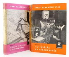 Az Ipari Szakkönyvtár két kötete: Magyari Béla: Rajzjelek és jelölések az elektronikában. Bp., 1980, Műszaki Könyvkiadó.; Gyurkovics Attila: TV-javítás és hibakeresés. Bp., 1981, Műszaki Könyvkiadó. Sérült kartonált papírkötésben, egyébként jó állapotban.