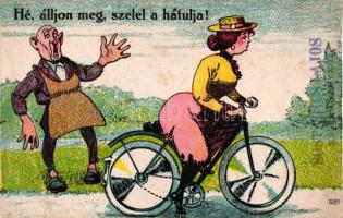 Hé, álljon meg, szelel a hátulja / cyclist humour (Sostarics Lajos gyűjteményéből)