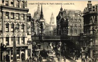London, Ludgate Hill Showing St. Pauls Cathedral, Pecks Lever Watches, double-decker bus, from postcard booklet