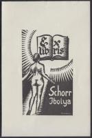 Sostarics Lajos (1896-1968): Erotikus ex libris, Schorr Ibolya. Linó, papír, jelzett a linón, 10×6 cm