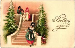 'Boldog Újévet' / New Year, children and mother at the stairs, golden decoration, litho (EK)