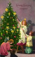 'Kellemes Karácsonyi ünnepeket ' / Christmas tree decorating angels, litho