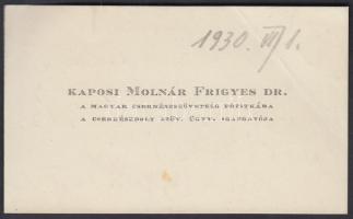 1930 Kaposi Molnár Frigyes Dr. a Magyar Cserkészszövetség Főtitkárának névjegykártyája, hátoldalon zászlószentelésről szóló kézírásos szöveggel
