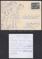 1973 MTK-labdarúgók aláírásai (Sárközi Mátyás, Dunai Lajos, Csetényi Csaba, stb.) postán megküldött levelezőlapon
