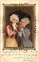 Ladies in frame, Meissner & Buch Künstlerpostkarten Serie 1091., litho, Emb. s: M.S. (EK)