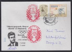 2001 Horváth Zoltán (1937- ) olimpiai bajnok vívó aláírása bélyegzőkkel ellátott borítékon