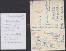 cca 1950 Bányász futballválogatott tagjainak aláírása (Buzánszky, Aspirány, Kamarás, Kinczel, stb.) levelezőlapon