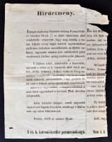 1849 Pest, Katonai hirdetmény a "felkelő hadsereg" egyenruhájára emlékeztető jelvények viselésének tilalmáról, az eredetileg kétnyelvű hirdetmény német nyelvű része hiányzik