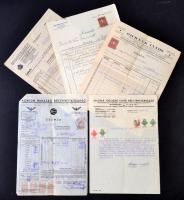 1930-1946 Bp., 5 db vegyes fejléces számla okmánybélyegekkel(Gichner János paplan, matrackereskedő, Konzum Ruházati Részvénytársaság, Magyar Vigogne Fonó Részvénytársaság, Kőbányai Polgári Serfőző, Bauer István ácsmester)