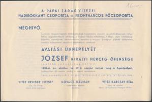 1939 Meghívó a Pápai Járás Vitézei Hadirokkant Csoportja és Frontharcos Főcsoportja által rendezett avatási ünnepélyre