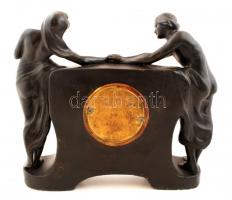 Szecessziós kandalló óra, festett fajansz, "Amicitia vincit horas" felirattal, óraszerkeze...