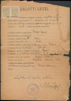 1938 Cegléd, Az izraelita hitközség által kiállított halotti levél okmánybélyeggel