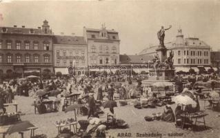 Arad, Szabadság-szobor, piac tér, Posztó gyári raktár, Angele Mátyás, Rosenberg H., Hegedűs Ármin, Hubatschek, Kuttn Gyula és Nassan R. üzlete / statue, market, shops (EK)