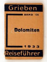 Dolomiten mit Ausflügen nach Meran, ins Ortlergebiet, nach Madonna di Campiglio. Berlin, 1933, Grieben Verlag (Grieben Reiseführer 136.). Térképmellékletekkel. Papírkötésben, gerincén kis sérüléssel, egyébként jó állapotban.