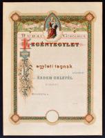 cca 1880-1890 Budai Katolikus Legényegylet kitöltetlen, díszes oklevele, szélén kis szakadásokkal