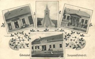 Szepesófalu, Spisská Stara Ves; Gallik Sándor üzletete, takarékpénztár. Gallik Sándor kiadása / floral multi-view with shops, Art Nouveau