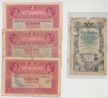 1866. 1G + 1912. 100K + 1913. 20K + 1917. 2K (3x), a korona bankjegyek felülbélyegzésekkel T:IV,III,III-