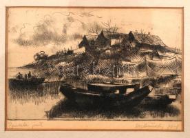 Nechánszky József (1936-): Pentelei part. Rézkarc, papír, jelzett, üvegezett keretben, 12×18 cm