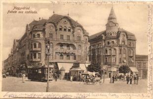 Nagyvárad, Oradea; Fekete Sas szálloda, villamos / hotel, tram, street advertisements