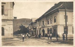 Pelsőc, Plesivec; Utcakép vendéglővel, üzletekkel / street with shops, photo