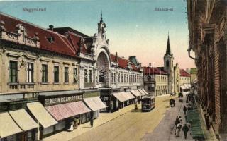 Nagyvárad, Oradea; Rákóczi út, Barabás B. és Társa, Klein Géza és Ödön, Újhelyi Róza és Grünvald Herman üzlete, villamos / street, shops, tram (EB)