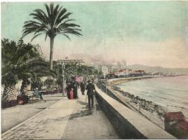 Sanremo, San Remo; seaside, railway tracks with train, unfolded folding card, sanatorium advertisment on backside (Rb)