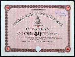 Budapest 1926. "Magyar Általános Hitelbank" 5 részvénye egyenként 50P-ről, szelvényekkel, bélyegzéssel, szárazpecséttel T:II