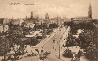 Dresden, Albertplatz / square, tram, horse carriage, church