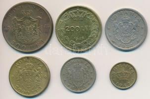Románia 1924. 1L Cu-Ni + 2L Cu-Ni + 1945. 200L sárgaréz + 500L sárgaréz + 1946. 2000L sárgaréz + 194...