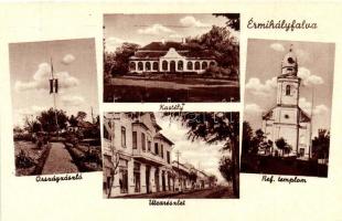 Érmihályfalva, Valea Lui Mihai; Országzászló, Kastély, Reform templom, utcarészlet / National flag, castle, church, street