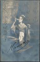 1913 Hanako japán színésznő aláírása és üdvözlő sorai az őt ábrázoló fotólapon