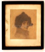 Olvashatatlan jelzéssel: Női portré 1920. Ceruza, papír, üvegezett keretben, 20×18 cm