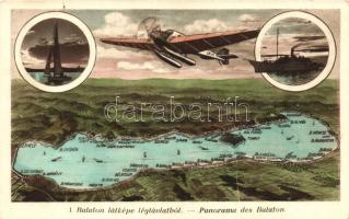 Balaton, térkép, hidroplán, gőzhajó, vitorlás (fa)
