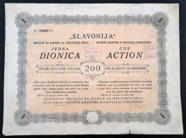 Horvátország / Bród 1920. Faipari Részvénytársaság részvénye 200K-ról, szelvényekkel és szárazpecséttel, felülbélyegzett T:III  Croatia / Brod 1920. Drustvo na Dionice za Industriju Drva share about 200 Kruna, with coupons, overprinted C:F