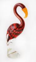 Muranói flamingó figura, fúvott üveg, többrétegű, anyagában színezett, gravírozott jelzéssel, hibátlan, m:30cm /Murano flamingo glass figure with marks, good condition,