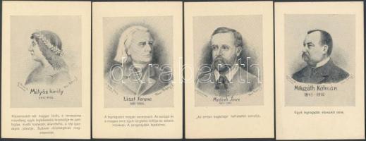 Nagyjaink, (Mátyás, Liszt, Madách, Mikszáth), apró nyomtatványok, 4db, 10x6cm