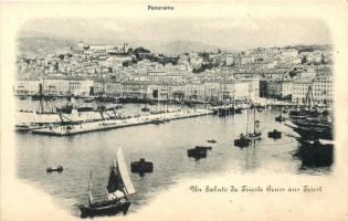 Trieste, Un Saluto da Trieste / view of the harbor, sailship, cargo steamship