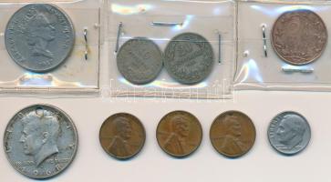 Vegyes: Amerikai Egyesült Államok 1941. 1c Br + 1944. 1c Cu-Zn + 1956. 1c Cu-Zn + 1968D 1/2$ Ag "Kennedy" + 1970D 1D Cu-Ni "Roosevelt" + Bulgária 1906. 10s Cu-Ni + 20s Cu-Ni + Hollandia 1880. 2 1/2c Br + Új-Zéland 1987. 20c Cu-Ni T:2,2-,3 ly. Mixed: USA 1941. 1 Cent Br + 1944. 1 Cent Cu-Zn + 1956. 1 Cent Cu-Zn + 1968D 1/2 Dollar Ag "Kennedy" + 1970D 1 Dime Cu-Ni + Netherlands 1880. 2 1/2 Cents Br + New Zealand 1987. 20 Cents Cu-Ni C:XF,VF,F hole